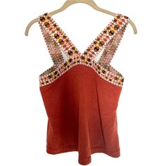 Women’s Tank Top Madewell Embroidered Straps Rust Colored Knit Sweater Material Loose Boxy Fit Size Xs Brand New With Tags Summer Casual Jacquard Knit Tops, Casual Jacquard Knit Tops For Summer, Knit Tops With Floral Embroidery For Fall, Floral Embroidery Knit Tops For Fall, Summer Jacquard Knit Crew Neck Top, Embroidered Knit Crew Neck Top, Knitted Cotton V-neck Top, Sleeveless Jacquard Knit Top For Fall, Spring Jacquard Knit Stretch Tops