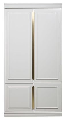 a white cabinet with two doors and gold trimmings on the bottom, against a white background