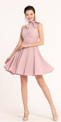 The pretty dusty rose bridesmaid dress features modest high neck with tied bow on the side, simple and elegant cut, above the knee length, zipper on the back. Feminine Solid Color Bridesmaid Dresses, Dusty Rose Bridesmaid Dress, Rose Bridesmaid, Dusty Rose Bridesmaid, Rose Bridesmaid Dress, Pink Dress Outfits, Modest Shorts, Baby Pink Dresses, Dusty Rose Bridesmaid Dresses