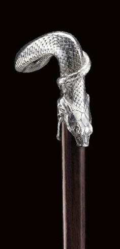 a silver snake head on top of a wooden pole