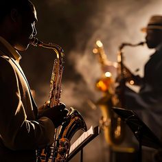 a man playing the saxophone in front of another man with a hat and suit on