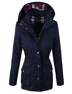 makeitmint Womens Quilting Padded Military Anorak Jacket w Plaid Hood Small YJH0016_Navy -- Click image to review more details. Anorak Jacket, Boutique Accessories, Shoulder Sleeve, Motorcycle Jacket, Coats For Women, Trench Coat