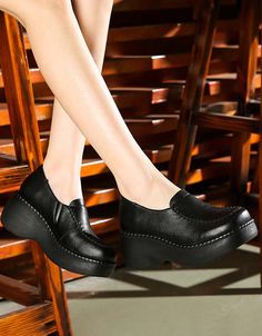 Features: Item Type: Wedge Loafer Brand: Obiono Gender: Female Main Material: Cowhide Heel Type: Wedge Upper Material: Cow Leather Heel Height: Mid (6 cm) Closure Type: Slip-on Color: Coffee, Black Season: Spring Size:35-40 Spring Wedges, Wedge Loafers, Coffee Black, Color Coffee, Shoes Brand, Heel Type, Shoe Brands, Cow Leather, Wedge Shoes