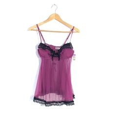 New With Tag Fitted Purple Coquette Sleepwear, Purple Lace Trim Party Sleepwear, Purple Sleepwear With Built-in Bra For Night, Purple Camisole Loungewear, Purple Sheer Sleepwear For Night, Sheer Purple Sleepwear, Fitted Sheer Purple Sleepwear, Purple Coquette Sleepwear, Coquette Purple Sleeveless Sleepwear