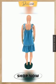 Denim Spaghetti Strap Ruffles Hem Loose Dress Casual Sleeveless Denim Dress With Ruffles, Casual Ruffled Straps Mini Dress For Summer, Casual Mini Dress With Ruffled Straps For Summer, Sleeveless Denim Blue Ruffled Denim Dress, Summer Denim Dress With Spaghetti Straps, Casual Blue Sundress With Ruffled Straps, Non-stretch Denim Mini Dress For Summer, Sleeveless Cotton Denim Dress With Ruffles, Blue Sleeveless Denim Dress With Ruffles