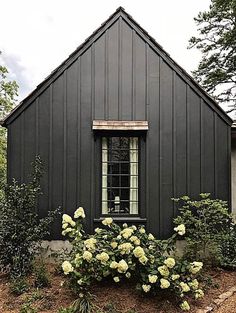 a black house with white flowers in the front yard and windows on each side, surrounded by greenery