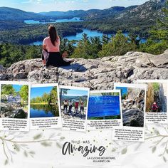 a woman sitting on top of a mountain next to a lake