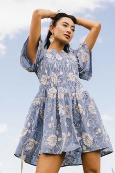 Priya Embroidered Mini Dress in Blue | böhme Recreate Outfits, Teaching Outfits, Embroidered Mini Dress, Drop Waist Dress, Church Dresses, Dress Inspo, Dropwaist Dress, Dance Costume, Lace Mini Dress