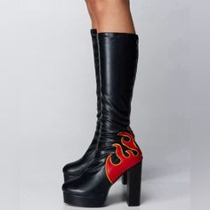 Nasty Gal Flame High Heel Boots! Size 5. No Longer Available On The Website. Brand New Never Been Worn. Platform Knee High Boots, Fashion Reference, Boots Knee High, Flame Design, Stitching Details, Boots Knee, High Heel Boots, Shoes Heels Boots, Leather Material