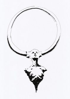 a black and white drawing of a bull's head with a ring around its neck