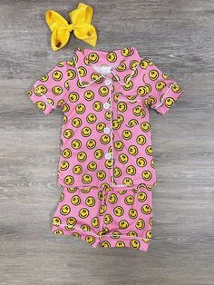 Never Stop Smiling Girls Short Sleeve Pajama Set - Sydney So Sweet Cute Relaxed Fit Sleep Sets, Cute Relaxed Fit Sleepwear Sets, Pink Cotton Sleepover Set, Playful Cartoon Print Sleepwear For Spring, Cute Bedtime Sets With Relaxed Fit, Cute Relaxed Fit Bedtime Sets, Casual Pink Bedtime Sets, Summer Cartoon Print Sleepwear For Sleepover, Summer Sleepover Sleepwear With Cartoon Print