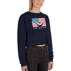 USA swimming crop top sweatshirt. Did you know that fashion and comfort can be combined? This fleece crop sweatshirt proves that point. The cozy fabric feels extra soft to the touch, and the trendy cut with a ribbed neckline and raw hem keeps it casual. * This product is made especially for you as soon as you place an order, which is why it takes us a bit longer to deliver it to you. Making products on demand instead of in bulk helps reduce overproduction, so thank you for making thoughtful purc Trendy Cropped Cotton Sweater, Cropped Cotton Sweater For Loungewear, Cotton Cropped Crop Top, Cotton Cropped Sweater For Loungewear, Casual Cropped Crop Top With Ribbed Cuffs, Sporty Relaxed Fit Crop Top For Fall, Relaxed Fit Cotton Crop Top For Winter, Winter Cotton Crop Top With Relaxed Fit, Trendy Long Sleeve Cropped Cotton T-shirt