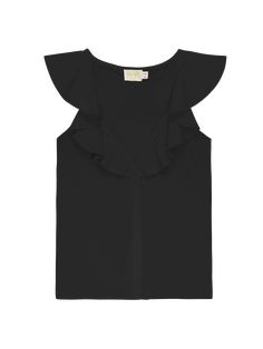 We've never met a ruffle detail we didn't love. Featuring a fluttery ruffle neckline and a chic front seam, this is the flirty tank that pairs well with warm breezes and an ice-cold spritz. (This one comes in Jet Black.) | Women's Neah Tank Top in Jet Black | Ethical Essentials Chic Tops With Ruffle Hem For Night Out, Chic Tops With Ruffled Collar For Night Out, Chic Tops With Ruffle Hem, Chic Tops With Ruffle Hem And Ruffled Straps, Chic Tops With Ruffle Hem And Straps, Chic Tops With Ruffled Straps And Ruffle Hem, Night Out Tops With Ruffled Collar, Tops With Ruffled Collar For Night Out, Chic Tops With Ruffled Straps For Day Out