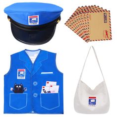 a hat, vest, and envelopes are arranged on top of the same item