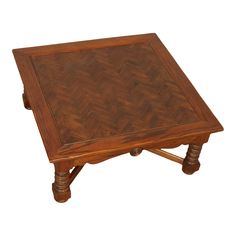 a square wooden table with two legs and a chevron pattern on the top, sitting against a white background