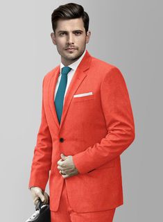 Formality and fun can coexist! Introducing our Muted Neon Orange Suit - the perfect way to add a touch of vibrancy and showcase your fiery personality. Painstakingly crafted from a wool blend, its vivid neon orange tone with a solid pattern not only catches the eye but also makes you look effortlessly sharp and stylish. Whether it's your office Christmas/Halloween party, an orange-themed event, or a festive dress-up with your friends and family, this stylish suit is the ideal accompaniment to cr Tailored Orange Blazer With Notch Lapel, Elegant Orange Notch Lapel Suits, Elegant Fitted Orange Suit, Fitted Orange Suits For Fall, Elegant Tailored Orange Suit, Elegant Tailored Orange Blazer, Orange Formal Suit For Fall, Red Fitted Wool Suit, Fitted Red Wool Suit