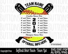 the softball team name and numbers are on this baseball ball with two bats in it