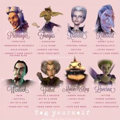 an image of the characters in disney's maleficents character portraits on a pink background