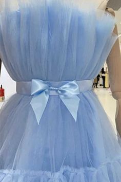 A Line Pink Tulle Above-Knee Homecoming Cocktail Dress With Bowknot Blue Wedding Dress With Sashes, Tulle Dresses With Bow, Blue Party Dress With Sashes, Blue Wedding Dress With Satin Bow, Sleeveless Tulle Dress With Satin Bow, Light Blue Sleeveless Dress With Bow, Blue Party Dress, Dresses Quinceanera, Short Party Dress