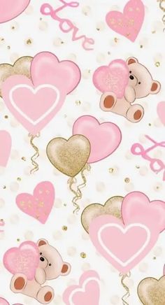 pink and gold teddy bears with hearts on a white background