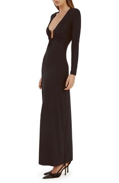 Be the center of attention in this sultry knit maxi designed with a plunging U-ring neckline surrronded by soft gathers. A stretchy body-contouring fabrication enchances its sleek silhouette. 57 1/2" length (size 4) Slips on over head Plunge neck Long sleeves Unlined 85% nylon, 15% elastane Hand wash, line dry Imported Ruched V-neck Maxi Dress For Night Out, Evening Ruched V-neck Maxi Dress, V-neck Ruched Maxi Dress For Night Out, Backless Elastane Maxi Dress For Night Out, Sleek Fitted V-neck Maxi Dress, V-neck Stretch Maxi Dress With Ruched Details, V-neck Ruched Stretch Maxi Dress, V-neck Elastane Bodycon Dress With Flattering Silhouette, V-neck Elastane Bodycon Dress