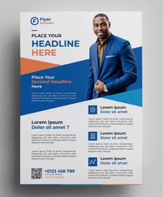 a blue and orange business flyer with a man in a suit on the front cover