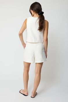 Linen Vest– Almina Concept White Linen Casual Vest, Chic Short Linen Tops, Linen Tops For Daywear, Relaxed Fit Tank Top For Spring Workwear, Fitted Crop Tank Top For Spring, Fitted Short Tank Top For Spring, Chic Spring Tops With Straight Hem, Chic White Relaxed Fit Tank Top, White Chic Tank Top With Relaxed Fit