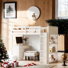 a white bunk bed sitting next to a christmas tree in a living room under a window