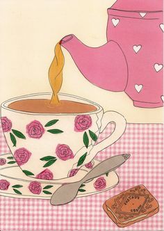 a drawing of a teapot pouring tea into a cup with pink roses on it