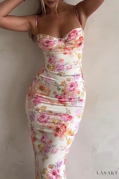 Lasaky - Chic Floral Backless V-Neck Pencil Skirt Dresses Fitted Floral Print Backless Bodycon Dress, Spring Sheath Bodycon Dress Slim Fit, Spring Sheath Slim Fit Bodycon Dress, Spring Bodycon Dress For Going Out, Non-stretch Bodycon Dress For Going Out In Spring, Slim Fit Sheath Bodycon Dress For Spring, Chic Spaghetti Strap Floral Bodycon Dress, Chic Floral Print Bodycon Dress With Spaghetti Straps, Chic Spaghetti Straps Bodycon Dress With Floral Print