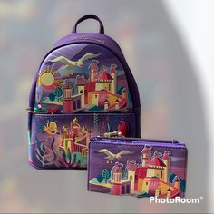 This Set Is Part Of A Collection Series Of Disney Princesses And Their Respective Castles And Scenery. This Mini Backpack And Wallet Come From The Animated Series "The Little Mermaid" And Features The Castle And Shore On The Front Bag. The Back Of The Bag Shows The Iconic Scene Where Ariel Comes Out Of The Sea With Her Sparkly Dress And Runs Into The Arms Of Eric. The Wallet Is Identical To The Bag Decor And Has A Cute Clam Shaped Id/Dl Frame. Packaged With Care Purple Backpack For Disney Trips, Purple Standard Backpack Bags For Gifts, Purple Standard Backpack Bag Perfect For Gifts, Purple Standard Backpack Bags As Gift, Purple Standard Backpack Bag As Gift, Purple Travel Pouch Wallet, Purple Travel Wallet Pouch, Purple Backpack With Removable Pouch For Daily Use, Purple Pouch Wallet For Travel