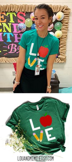 Perfect teaching t-shirt! Such a cute outfit idea for an elementary teacher- or middle or high school! It is so soft and comfy, and such a great way to show some love to your students. The apple and pencils are a fun touch to LOVE too! #teacheroutfit #iloveteaching #teacherlife Green Letter Print T-shirt For End Of School Year, School Spirit Tops For Back To School Teaching, Back To School Spirit Tops For Teaching, Green School Spirit Tops For School, Casual Tops For Teaching, Back To School, Green Short Sleeve T-shirt For School, Green Graphic Tee For School, Teacher Outfits Amazon, Casual Teacher Outfits