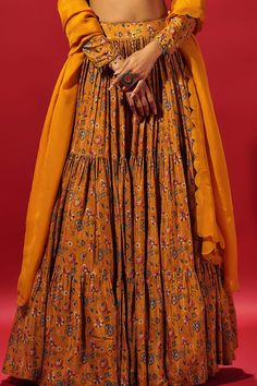 Mustard attached cancan lehenga with all over floral print. Paired with a padded blouse with floral print and scallop trimmed dupatta. - Aza Fashions Tiered Lehenga, Cancan Lehenga, Padded Blouse, Yellow Blouse, Fashion App, Set For Women, Aza Fashion, Silk Printing, Lehenga