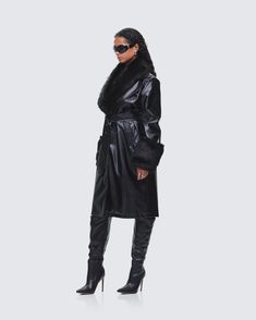 You'll be lookin' like a woman on a mission in this number 🥵 no one will be able to resist your dark aura 💋 Note: the fur collar is removable! Note: this is faux leather as we don't use any real animal products in our fits ✨ Black Leather Fur Coat With Faux Fur Trim, Chic Black Leather Fur Coat, Trendy Black Fur Coat With Faux Fur Lining, Dark Aura, Animal Products, Black Vegan, Fur Collar, Fur Collars, Leather Coat