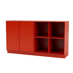 a red bookcase with four compartments on the front and two doors at the back