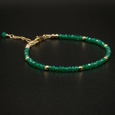 Green onyx and vermeil gold bracelet - Gorgeous faceted bright green 3mm faceted stones are accented with 3mm faceted vermeil gold spacer beads for this classic and elegant dainty bracelet. Finished length is adjustable from 7 - 8 inches with the extender chain which is finished with a matching green onyx handmade charm. A matching green onyx charm completes the design. Onyx is one of the birthstones for Cancer and Leo. Stone properties - Believed to be one of the most powerful protection stones Leo Stone, Green Onyx Jewelry, Stone Properties, Semi Precious Stone Bracelet, Onyx Jewelry, Dainty Bracelet, Protection Stones, Dainty Bracelets, Handmade Charms