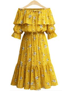 Off Shoulder Ruffle Floral Printed Midi Dress | victoriaswing Long Beach Dress Casual, Midi Outfits, Long Beach Dress, Floral Print Chiffon, فستان سهرة, Modieuze Outfits, Online Dress Shopping