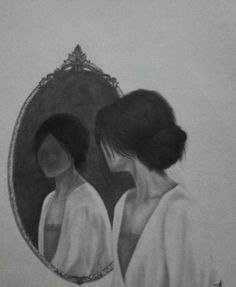 a drawing of two women looking at each other in front of a mirror with the reflection of them