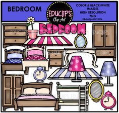 the bedroom clip art is shown with furniture and accessories in pink, blue, and white