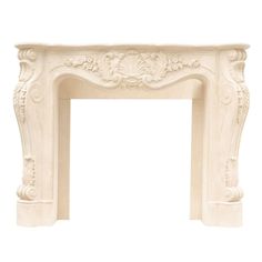 a white fireplace mantel with an ornate design on the top and bottom, against a white background