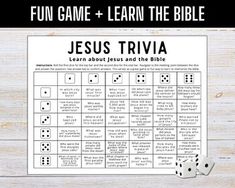 the jesus trivia game with dices on it and text that reads fun game + learn the bible