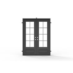 a black double door with glass panels