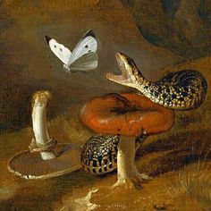 an image of a painting with butterflies flying over it and mushrooms on the ground next to them