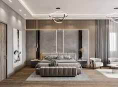 a modern bedroom with wood floors and gray walls