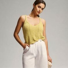 Anthropologie V-Neck Pointelle Lime Sweater Knit Tank Nwt Sz Xs Summer V-neck Knitted Top, Casual Open Knit Crochet V-neck Top, Casual V-neck Open Knit Crochet Top, Summer V-neck Knit Top For Day Out, Chic V-neck Knit Top For Vacation, Chic V-neck Crochet Top For Day Out, Chic Knitted V-neck Top, Spring Knitted V-neck Tops, Spring Yellow Soft Knit Tops