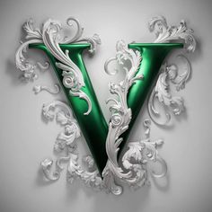 the letter v is made up of white and green swirly designs on a gray background