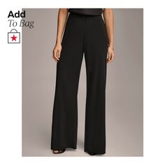 in stock Elegant Non-stretch Black Dress Pants, Solid Color Wide Leg Pants For Night Out, Evening Solid Straight Leg Pants, Casual Wide Leg Evening Dress Pants, Black Dress Pants With Pockets For Evening, Chic Black Full-length Bottoms, Black Full Length Dress Pants With Elastic Waistband, Chic Black Wide Leg Pants, Casual Evening Bottoms With Pockets