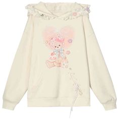 Embrace cuteness and comfort with this delightful hoodie, highlighted by an adorable teddy print on the front. The hoodie features charming flower embellishments that add a touch of whimsy and playfulness. Designed with intricate lace-up details and sweet bowknot accents, this piece exudes a kawaii aesthetic. The pouch front pocket offers practicality while maintaining the hoodie's overall cute appeal. The ruffle trim adds a delicate, feminine touch.  Garment Size SizeSMLFull Length646668Shoulde Cute Fleece Hoodie Sweatshirt, Cute Cream Cotton Sweatshirt, Cute Cream Sweatshirt For Fall, Kawaii White Hoodie For Spring, Cute Winter Hoodie, Cute White Hoodie With Drawstring Hood, Cute Hooded Fleece Tops, Cute Cotton Hoodie With Drawstring Hood, Cute Fleece Hoodie For Spring