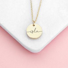 Our luxury personalised disc necklace is a beautiful yet simple piece of jewellery for her that she'll love wearing every day. It will perfectly compliment any outfit and is sure to wow her friends with its effortless beauty and quality craftsmanship. It features a cute little disc that you can personalise with a name or initial - this will be written in a lower case script font as standard. Your personalisation will be meticulously engraved by our dedicated team of creative specialists creating Sentimental Jewellery, Bridesmaids Gift Sets, Gold Disc Necklace, Handwritten Font, Disc Necklace, Bridesmaid Necklace, Jewellery Gift, Engraved Necklace, Jewelry For Her