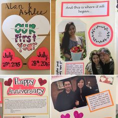 four different pictures with hearts and words on them, including an anniversary card for two people